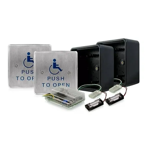 BEA 45S-900 Push Plate Pachage, (2) PBS451 Square Push Plates, (2) 10BOX45SQSM Surface Mount Boxes, (2) 10TD900PB 900 MHZ Transmitter, (1) 10RD900 900 MHZ Receiver