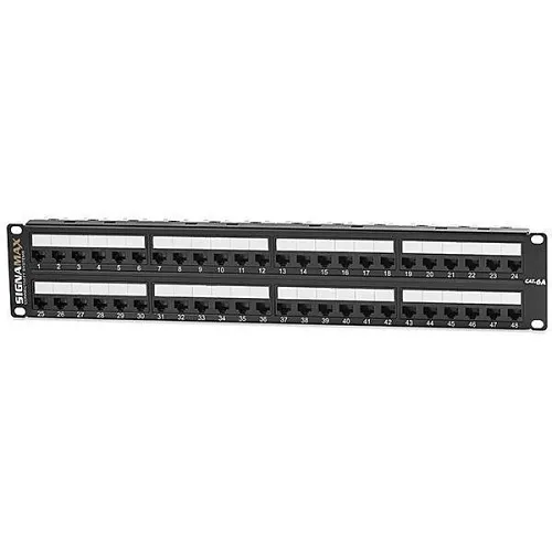 Signamax 48458MD-C6AC MD-Series 48-Port CAT6A Unscreened Angled Patch Panel, 2RMU, Black