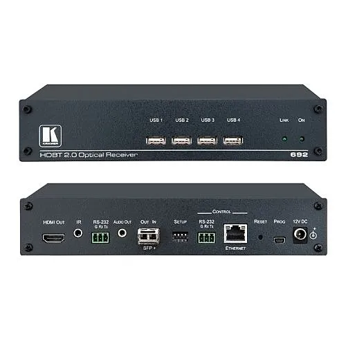 Kramer 692 4K60 4:2:0 HDMI MM/SM Fiber Optic Receiver with USB, Ethernet, RS-232, IR and Stereo Audio De-Embedding Over Ultra-Reach HDBaseT 2.0