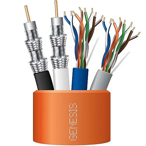 Genesis 50505003 (2), CAT5e and (2), RG6 Quad-Shield, CL3, CM, Sunlight Resistant, 500' (152.4m), Reel, Orange