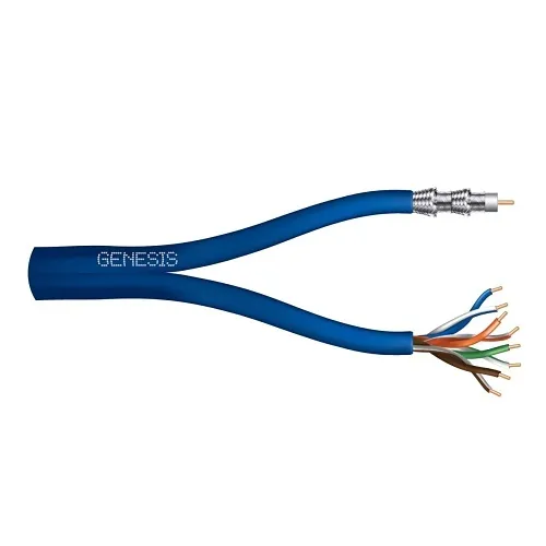 Genesis 50665006 4-Pair Cat 5e + RG6 CCS 75 Ohm Coaxial with Quad-Shield Multimedia Cable, General Purpose, CM, 500' (152.4 m) Reel, Blue