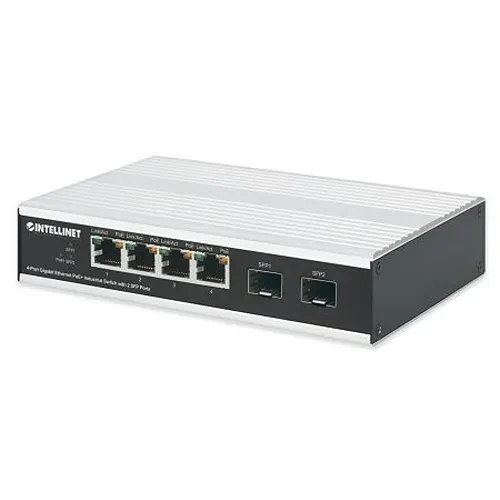Intellinet 508254 4-Port Gigabit Ethernet PoE+ Industrial Switch with 2-Port SFP, PoE Power Budget 120W, Endspan, DIN-Rail Mount, IP40, Metal Housing