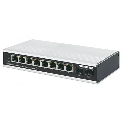 Intellinet 508261 Industrial 8-Port Gigabit Ethernet PoE+ Switch with 2 SFP Ports, IP40-Rated Metal Housing, DIN-Rail Mount