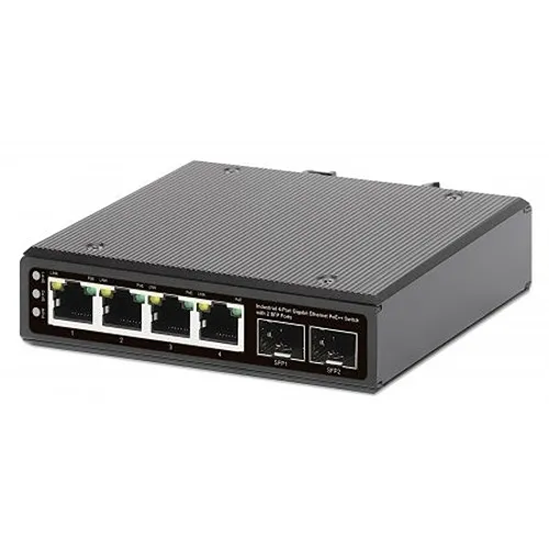 Intellinet 508995 Industrial 4-Port Gigabit PoE++ Switch with 2-Port SFP, PoE Power Budget 240W, Output Up to 95W per Port, DIN-Rail Mount, IP40, Metal Housing