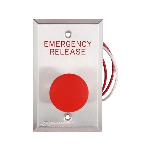 Dortronics 5211-MP23DA/RXE3 5210 Series Exit Push Button, 1-9/16" Diameter Mushroom Button, with Form Pneumatic 2-60 Delay, Red Button, Stainless-Steel Plate Engraved "EMERGENCY RELEASE"