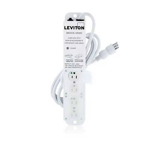Leviton 5304M-1N7 Medical Grade Power Strip, No Surge, 15A, 4-Outlet, 7', White