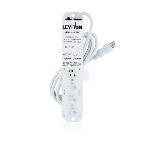 Leviton 5304M-2N7 Medical Grade Power Strip, No Surge, 20A, 4-Outlet, 7', White
