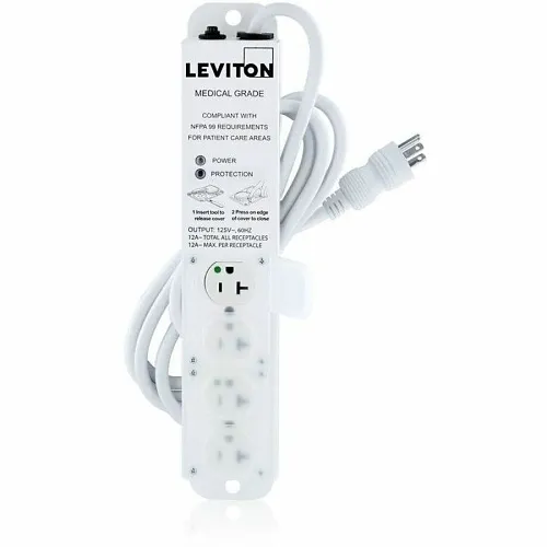 Leviton 5304M-2S7 Medical Grade Power Strip, Surge Protection, 20A, 4-Outlet, 7', White