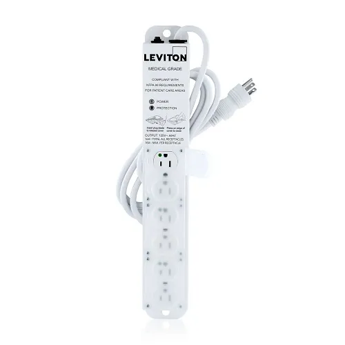 Leviton 5306M-1S7 Medical Grade Power Strip, Surge Protection, 15A, 6-Outlet, 7', White