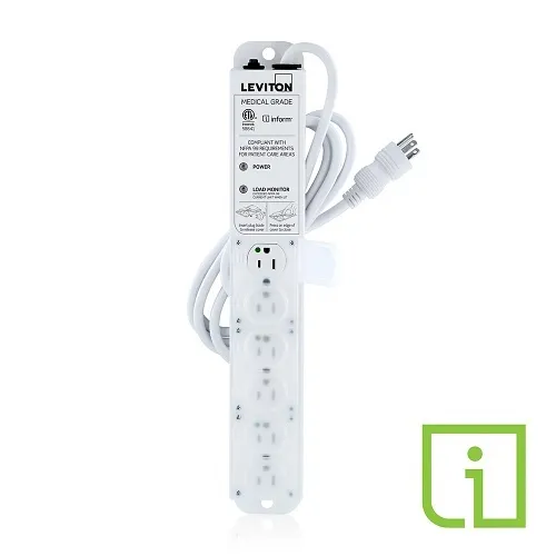 Leviton 53C6M-1N7 15A Medical Grade Power Strip with Load Monitoring Inform Technology, 6-Outlet, 7’ Cord