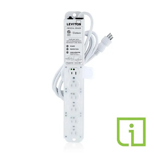 Leviton 53C6M-1S7 15A Medical Grade Power Strip with Load Monitoring Inform Technology, Surge Protected, 6-Outlet, 7’ Cord