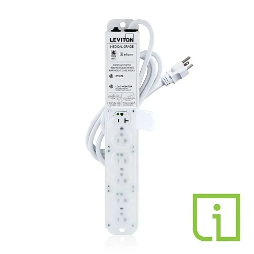 Leviton 53C6M-2N7 20A Medical Grade Power Strip with Load Monitoring Inform Technology, 6-Outlet, 7’ Cord