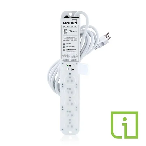 Leviton 53C6M-2S5 20A Medical Grade Power Strip with Load Monitoring Inform Technology, Surge Protected, 6-Outlet, 15’ Cord