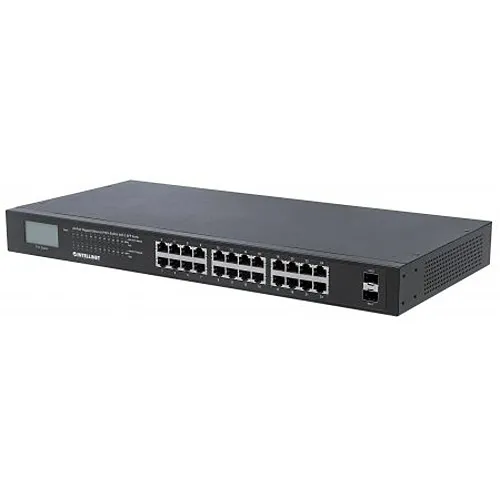 Intellinet 561242 24-Port Gigabit Ethernet PoE+ Switch with SFP Ports and LCD Screen, LCD Display, IEEE 802.3at/af PoE+ / PoE Compliant, 370W, Endspan, 19" Rackmount