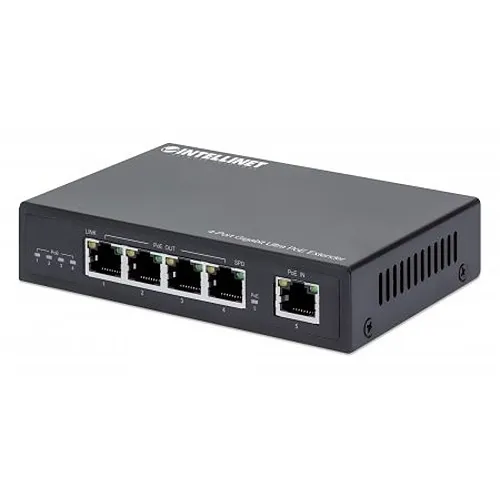 Intellinet 561617 4-Port Gig Ultra PoE Extender, Adds up to 100m (328') to PoE Range, 90W PoE Power Budget, 4-Ports with up to 30W Output, Metal Housing