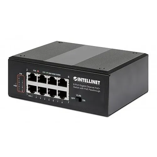 Intellinet 561624 8-Port Gig PoE+ Industrial Switch with PoE Passthrough, DIN-Rail Mount