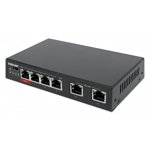 Intellinet 561686 6-Port Ethernet Switch with PoE Ports, 1 HP 60W PoE Port, 3-PoE Port, PoE Power Budget 65 W, PoE Extend Mode, 2 RJ45 Uplink Ports, VLAN