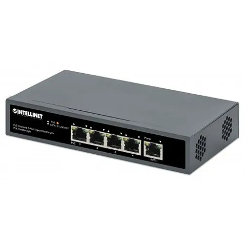 Intellinet 561808 5-Port Gigabit PoE-Powered Switch with PoE Passthrough, 1 IEEE 802.3bt, PD PoE Port with 95W Power Input, 4 PSE PoE Port, PoE Power Budget 65W