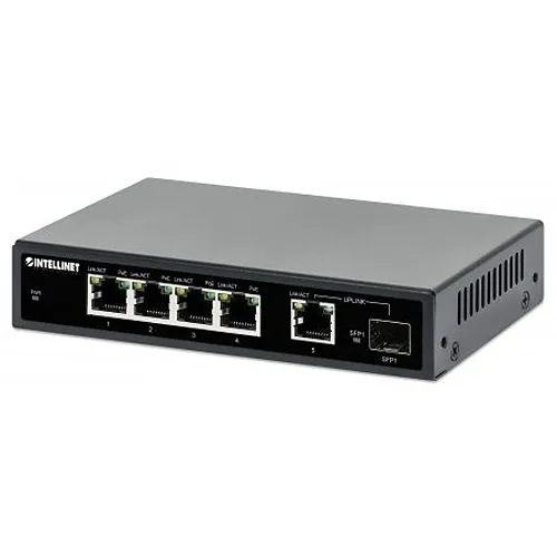 Intellinet 561822 5-Port Gigabit Ethernet PoE+ Switch with SFP Port, PoE Power Budget 91W, Desktop Format, Wall-Mount