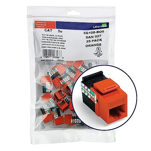 Leviton 5G108-BO5 GigaMax CAT5e QuickPort Jack QuickPack, 25-Pack, Orange