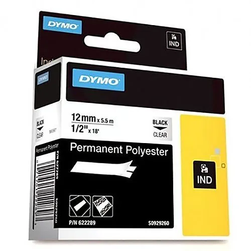 DYMO 622289 Rhino Clear Polyester Tape, 12mm, Black Text