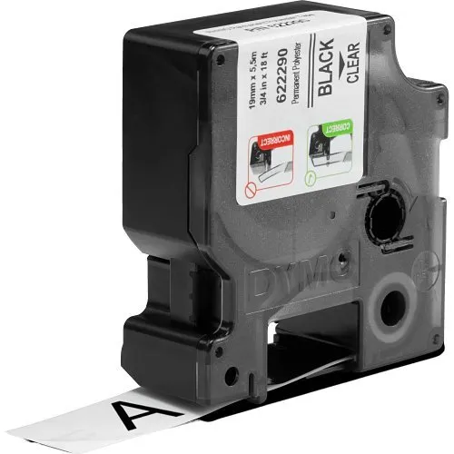 DYMO 622290 Rhino Clear Polyester Tape, 19mm, Black Text