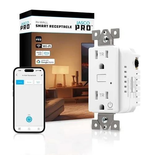 Jasco 64562 Pro Series Wi-Fi In-Wall Smart Outlet, White and Light Almond Covers