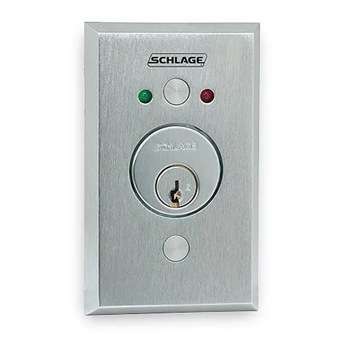 Schlage 653-14 630 L2 650 Series Key Switch, DPDT Maintained Single Direction with LEDs (Red/Green), Dual Voltage, amp at 30V DC, Satin Finish on .035 Stainless Steel