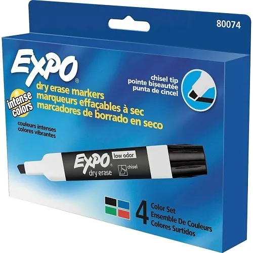 Expo 80074 Low Odor Dry Erase Markers, Chisel Tip, Assorted Colors, 4-Pack, Box