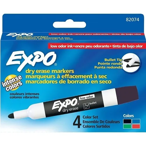 Expo 82074 Low Odor Dry Erase Markers, Bullet Tip, Black, 4-Pack