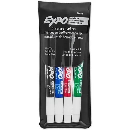 Expo 86074 Low Odor Dry Erase Markers, Fine Tip, Assorted Colors, 4-Pack