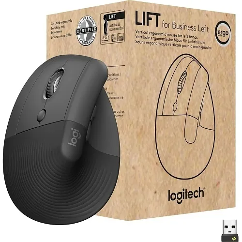Logitech 910-006492 Lift Vertical Ergonomic Wireless Mouse, Left-Handed, Graphite Gray