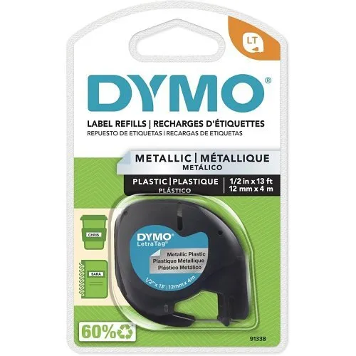 DYMO 91338 Letratag Label Maker Tape Cartridge, .5"- 12mm, Black Text on Metallic Label, Count of 4m Roll