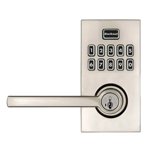 Kwikset 99170-003 SmartCode 917 Series Keypad Keyless Entry Residential Electronic Lever Lock Deadbolt with Halifax Door Handle and SmartKey Security, Satin Nickel