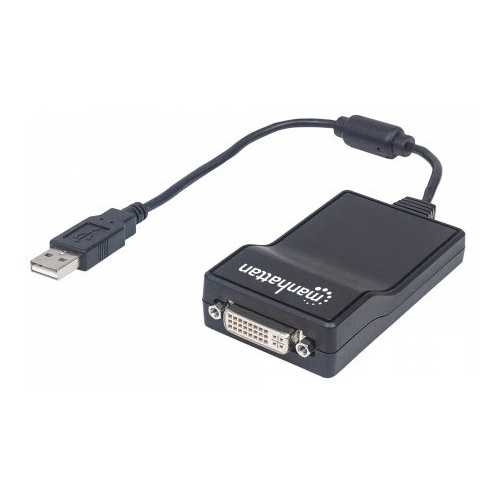 Manhattan 152334 Hi-Speed USB 2.0 Male to DVI-Female Converter, Supports Additional DVI-I Display, HDMI or VGA Display with Adapter, Black