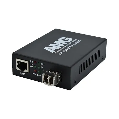 AMG Systems AMG210M-1GAT-1SM2-P30 210M PoE Series Mini Ethernet Media Converter, 1-Port 10/100/1000BaseT(x) RJ45 with 30W PoE+, 1-Port 1000BaseFx Multimode, 2-Fiber, 850nm, LC Connector, 550m
