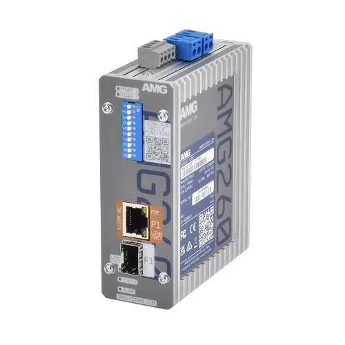 AMG Systems AMG260-1GAT-1S-P30 Industrial PoE Media Converter, 1x10/100/1000Base-T(x) RJ45 Port with 802.3at 30W PoE, 1x100/1000Base-FX SFP Port, DIN Rail / Wall Mount, 2x48-56VDC Power Inputs