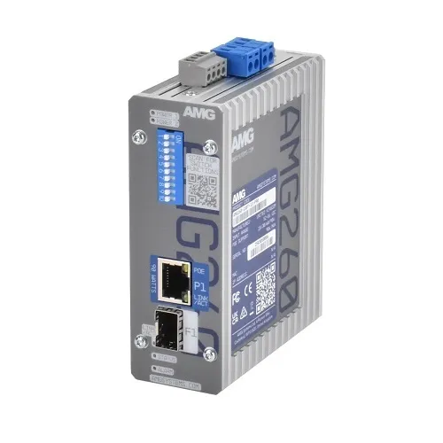 AMG Systems AMG260-1GBT-1S-P90 Industrial PoE Media Converter, 1x10/100/1000Base-T(x) RJ45 Port with 802.3bt 60/90W PoE, 1x100/1000Base-Fx SFP Port, DIN Rail / Wall Mount, 2x52-56VDC Power Inputs