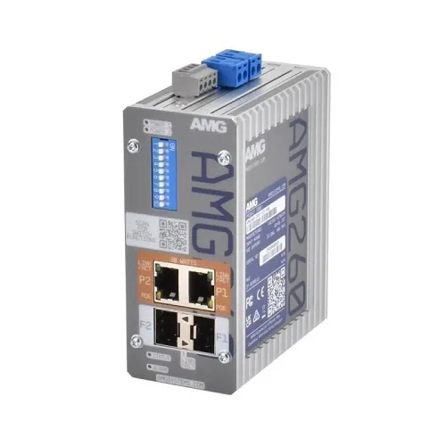 AMG Systems AMG260-2GAT-2S-P60 AMG260 Series Dual Channel 2+2 Port Industrial PoE Media Converter, DIP-Switch Functions, 2 x 48-56VDC Power Inputs, Fault Relay