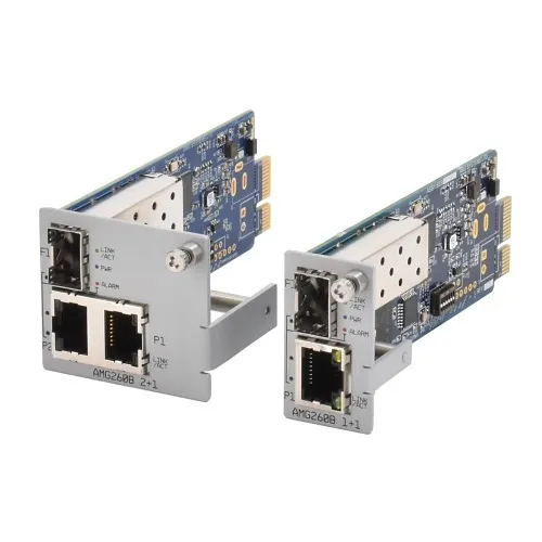 AMG Systems AMG260B-2G-1S AMG260B Series 2+1 Port Industrial Blade Media Converter Card, 2 x 10/100/1000Base-T(x) RJ45 Ports, 1 x 100/1000Base-Fx SFP Port, Blade Mount 2 Slots