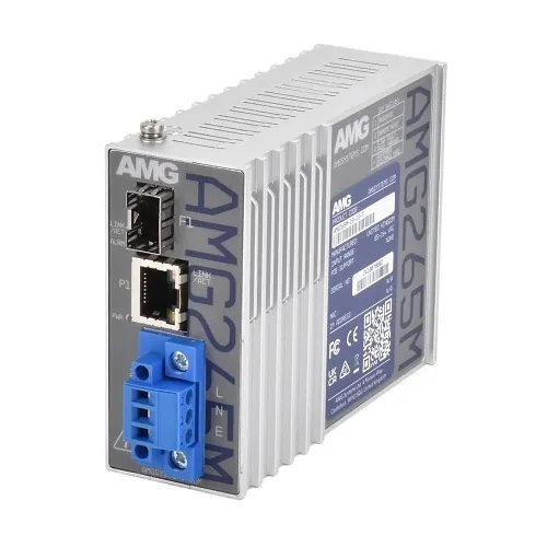 AMG Systems AMG265M-1F-1S-T AMG265M Series Industrial Mini Media Converter, 1 x 10/100Base-T(x) RJ45 Port, 1 x 100/1000Base-Fx SFP Port, 85-264VAC Locking Screw Terminal Mains Power Input