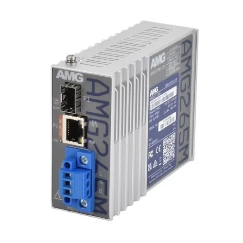 AMG Systems AMG265M-1FAT-1S-P30-T AMG265M Series Industrial Mini PoE Media Converter, 1 x 10/100Base-T(x) RJ45 Port, 1 x 100/1000Base-Fx SFP Port, Integrated 30W PSU