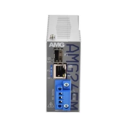 AMG Systems AMG265M-1FBT-1S-P90-T AMG265M Series Industrial Mini PoE Media Converter, 1 x 10/100Base-T(x) RJ45 Port, 1 x 100/1000Base-Fx SFP Port, Integrated 90W PSU