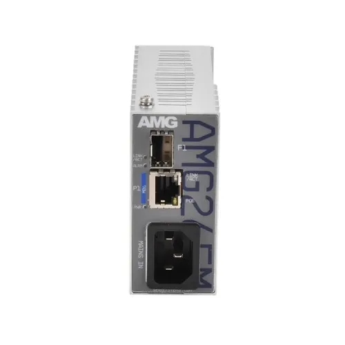 AMG Systems AMG265M-1FBT-1S-P90 AMG265M Series Industrial Mini Media Converter, 1 x 10/100Base-T(x) RJ45 Port, 1 x 100/1000Base-Fx SFP Port, 85-264VAC IEC Mains Power Input