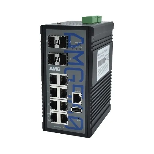 AMG Systems AMG560-8G-4XS Industrial 12-Port Managed Switch, 8x10/100/1000Base-T(x) RJ45 Ports, 4x1/2.5/10G Base-Fx SFP+ Ports, DIN Rail Mount