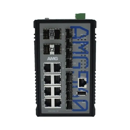 AMG Systems AMG560-8G-8S-4XS Industrial 20-Port Managed Switch, 8x10/100/1000Base-T(x) RJ45 Ports, 8x100/1000Base-Fx SFP Ports, 4x1/2.5/10G Base-Fx SFP+ Ports, DIN Rail Mount
