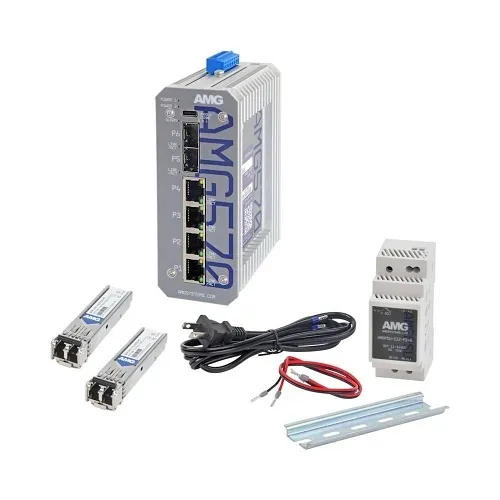 AMG Systems AMG570-2GBT-2GAT-2S-P240-KM1 AMG570 Series Kit Layer 2+ Managed Industrial Ethernet Switch with 2x 90W PoE, 2x 30W PoE, 2x SFP Ports, Includes Power Supply and SFPs