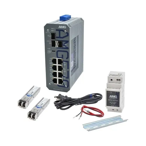 AMG Systems AMG570-8G-3S-KM1 AMG570 Series Industrial 11-Port Managed Switch Kit, Includes (2) 1Gb Multimode SFP Modules, 12VDC DIN-Rail Power Supply, and PSU Equipment Mounting