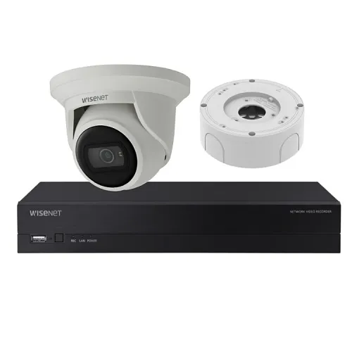 Hanwha ARK-AE44012R Kit with 1x ARN-410S-2TB Wisenet A Series 4-Channel 4K PoE with 2TB, 4x ANE-L6012R 2MP Wisenet Super-Compact IR Flateye Camera and 4x SBV-A14B Back Box, White