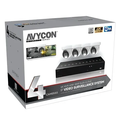AVYCON AVK-NB81E4-1T IP Video Surveillance System, Includes (4) 8MP IP InfiniteColor Turret Camera and 4-Channel PoE 4K NVR with 1TB HDD